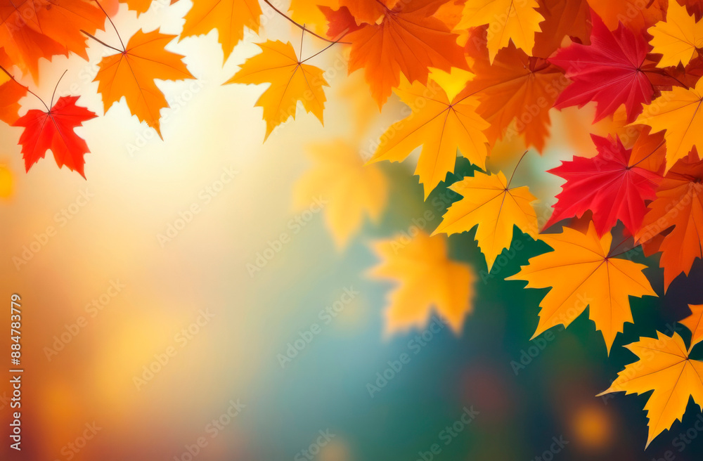 Beautiful red, orange and yellow autumn leaves against a blurry park in sunlight. Natural autumn background with copy space Beautiful red, orange and yellow autumn leaves against a blurry park in sunlight. Natural autumn background with copy space