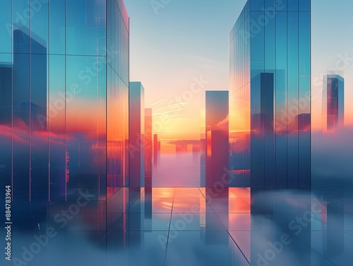 Minimalist Digital Cityscape at Peaceful Sunrise with Geometric Reflections