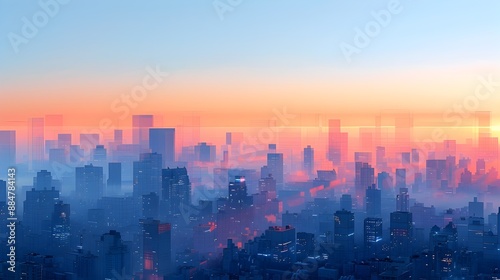 Minimalist Digital Cityscape Panorama at Serene Sunrise with Geometric Shapes and Muted Tones