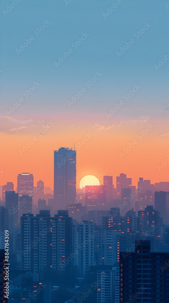 Obraz premium Serene Cityscape Sunrise with Geometric Skyline and Vibrant Color Palette