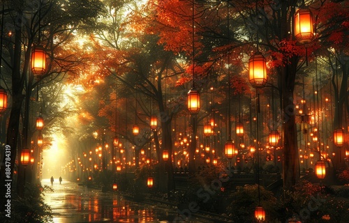 Enchanting Forest Path Illuminated by Glowing Lanterns at Dusk with Autumn Foliage