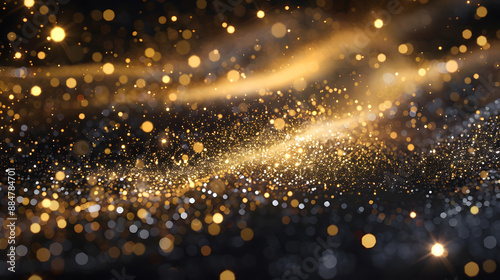 Waterfall of sparkling gold glitter, bubbles, champagne particles, stars on black background, happy new year holiday concept.