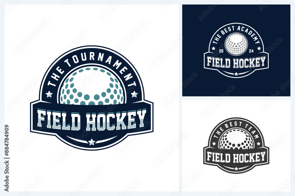 Field hockey logo sport design template, field hockey emblem vector, hockey tournament badge logo design vector illustration Field hockey logo sport design template, field hockey emblem vector, hockey tournament badge logo design vector illustration