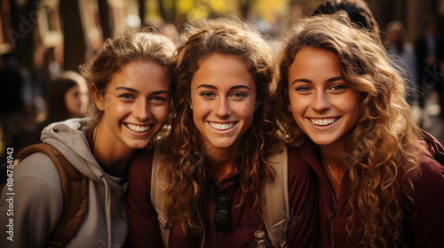 Happy group of young people smiling at camera outdoors. Portrait, university students and group of friends getting ready for learning.