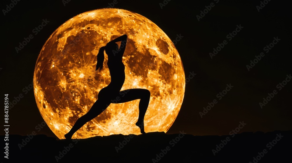 Silhouette of a Woman Practicing Yoga with a Full Moon Silhouette of a Woman Practicing Yoga with a Full Moon