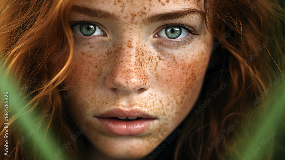 Close-up photo of a girl with green eyes and freckles on her face. Close-up photo of a girl with green eyes and freckles on her face.