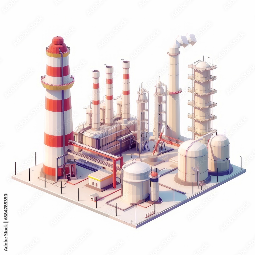 Fototapeta premium 3D Render, Low Poly style of a refinery with distillation towers, on isolated white background, Generative AI