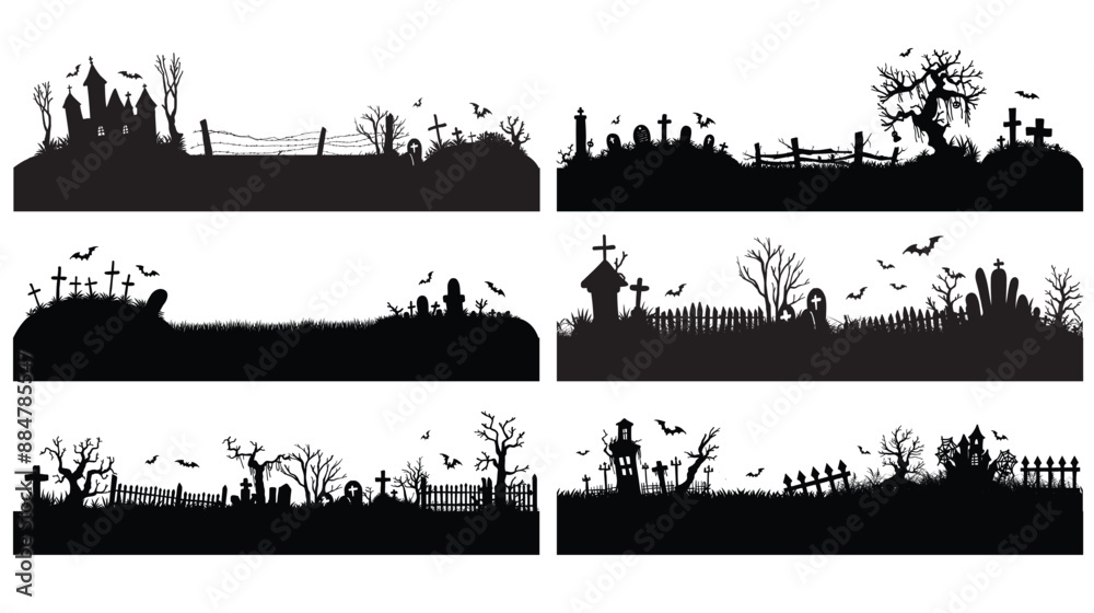 Obraz premium Set of halloween silhouettes border on white background, Spooky halloween border illustration,Cute Cartoon Style Illustration for Kids' Holiday
