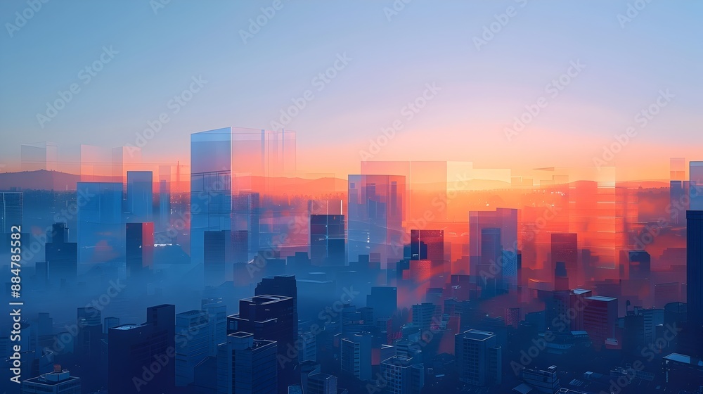 Fototapeta premium Minimalist Digital Cityscape at Sunrise with Geometric Shapes and Muted Color Palette
