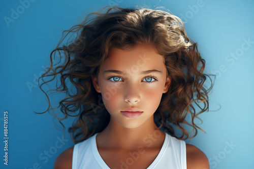 Portrait of a beautiful girl on a blue background.