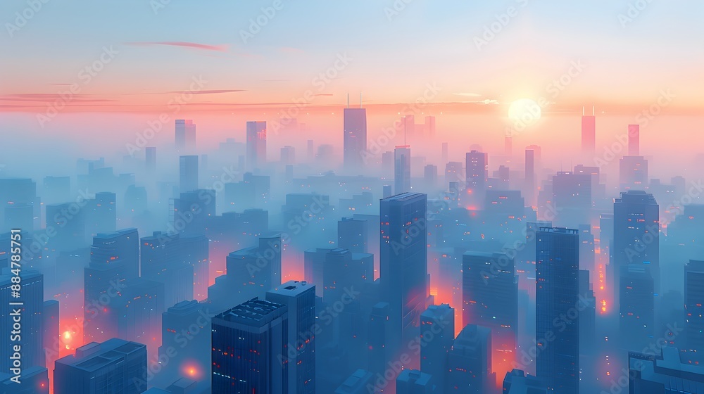 Fototapeta premium Minimalist Digital Cityscape at Serene Sunrise with Geometric Shapes and Vibrant Colors