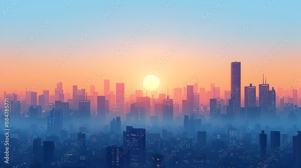 Fototapeta premium Minimalist Cityscape at Vibrant Sunrise With Geometric Architectural Silhouettes