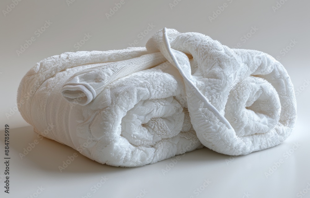 Obraz premium Close-up of Soft White Towels Rolled and Folded on a Clean Surface, Perfect for Spa, Hotel, or Home Bathroom Decor