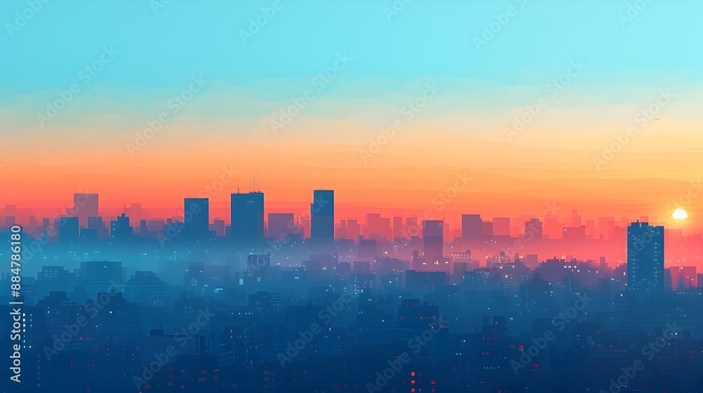 Minimalist Cityscape at Sunrise with Geometric Skyline in Serene Color Palette Minimalist Cityscape at Sunrise with Geometric Skyline in Serene Color Palette