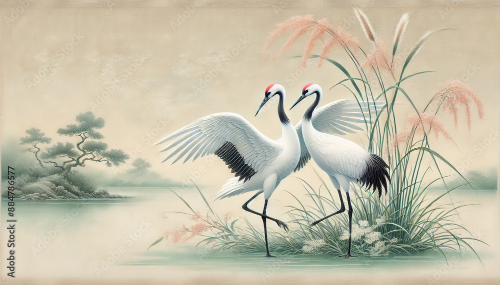 Naklejka premium 日本画（Japanese painting）／鶴 anime イラスト