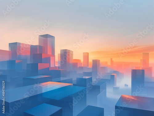 Minimalist Digital Cityscape Sunrise with Geometric Architecture and Color Palette