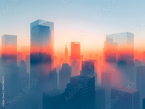 Minimalist Digital Cityscape at Serene Sunrise with Geometric Skyscrapers and Mist
