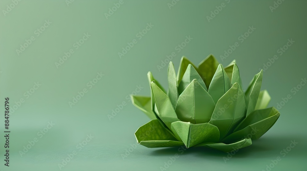 One Green Lotus Petal in Origami Paper Style on Plain Background One Green Lotus Petal in Origami Paper Style on Plain Background
