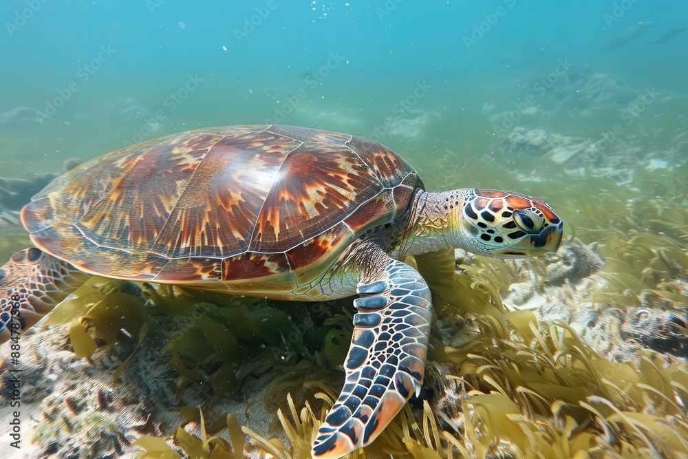 Fototapeta premium Colorful sea turtle swimming gracefully among vibrant coral reefs in clear blue water, showcasing marine life beauty.