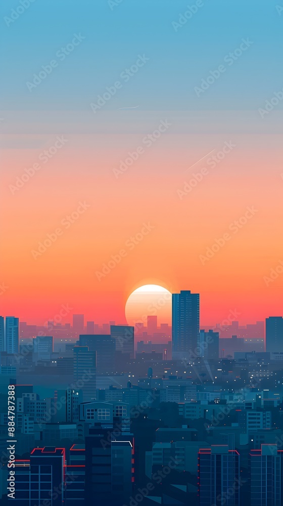 Fototapeta premium Minimalist Digital Cityscape at Sunrise with Geometric Skyscrapers and Calming Color Palette