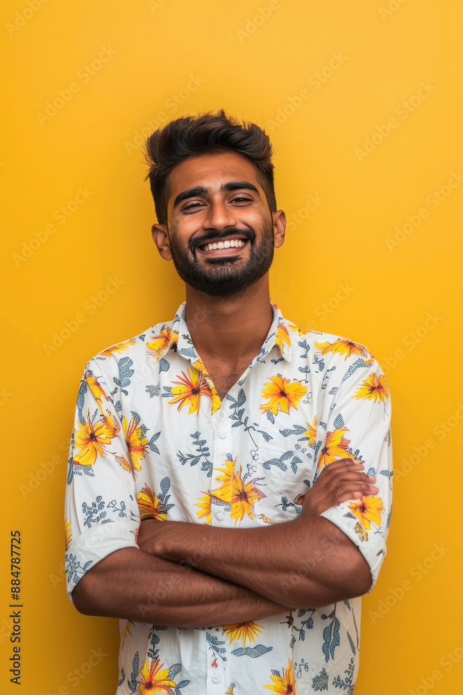 Happy young Indian man smiling and posing cheerfully against a solid yellow background Happy young Indian man smiling and posing cheerfully against a solid yellow background