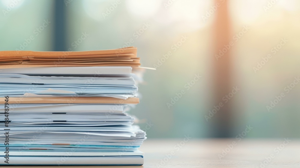 Stack of books, documents on table in sunset background, closeup, copy space Stack of books, documents on table in sunset background, closeup, copy space