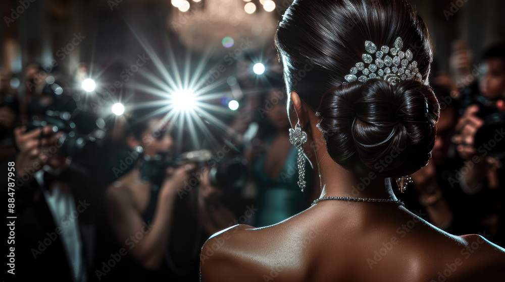 A photograph of a woman with an elaborate hairstyle, stylish jewelry, viewed from the back, amidst paparazzi taking photos A photograph of a woman with an elaborate hairstyle, stylish jewelry, viewed from the back, amidst paparazzi taking photos