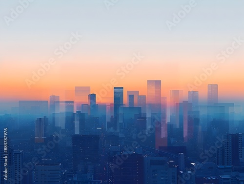 Stunning Minimalist Cityscape at Sunrise with Serene Color Palette and Geometric Architectural Design