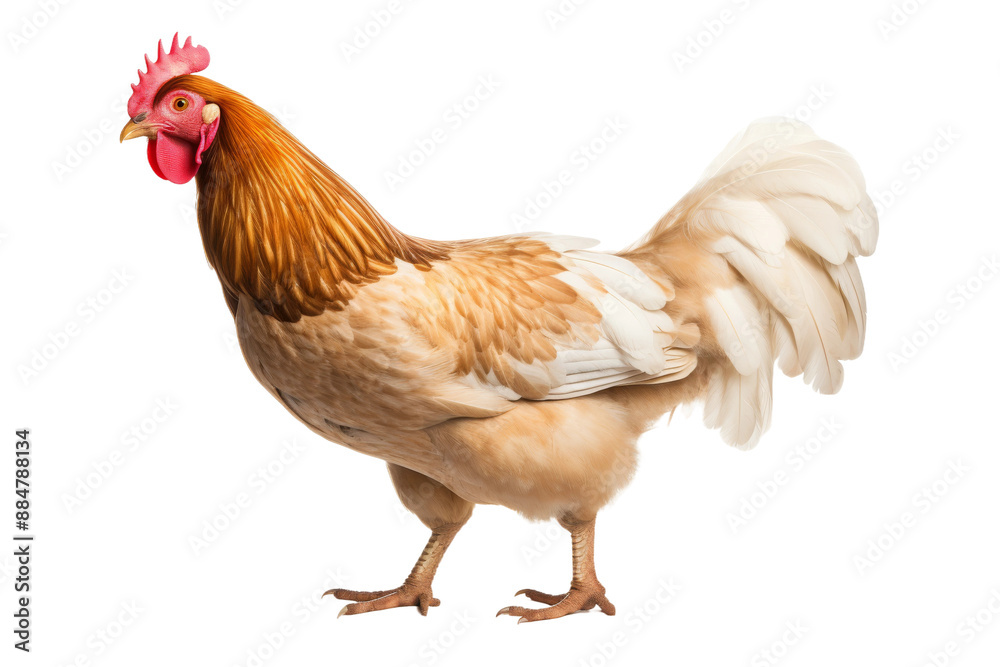 Fototapeta premium A brown and white rooster stands on a plain white background
