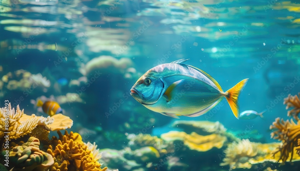 Fototapeta premium Vibrant underwater scene featuring a colorful fish swimming among coral reefs in clear blue water, showcasing marine beauty.
