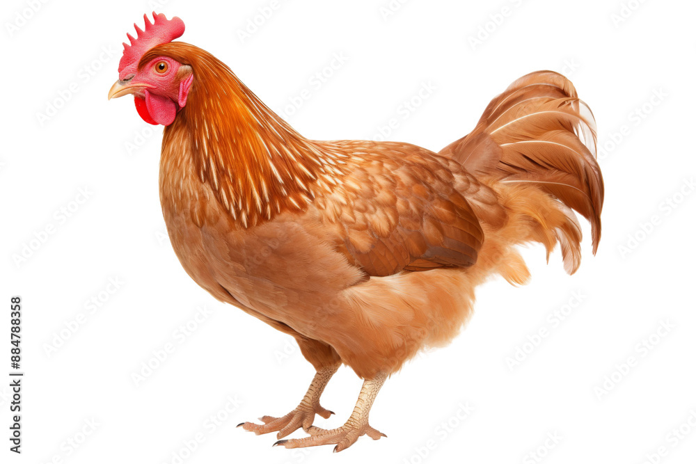 A brown hen with a red comb and wattle stands on a white background A brown hen with a red comb and wattle stands on a white background
