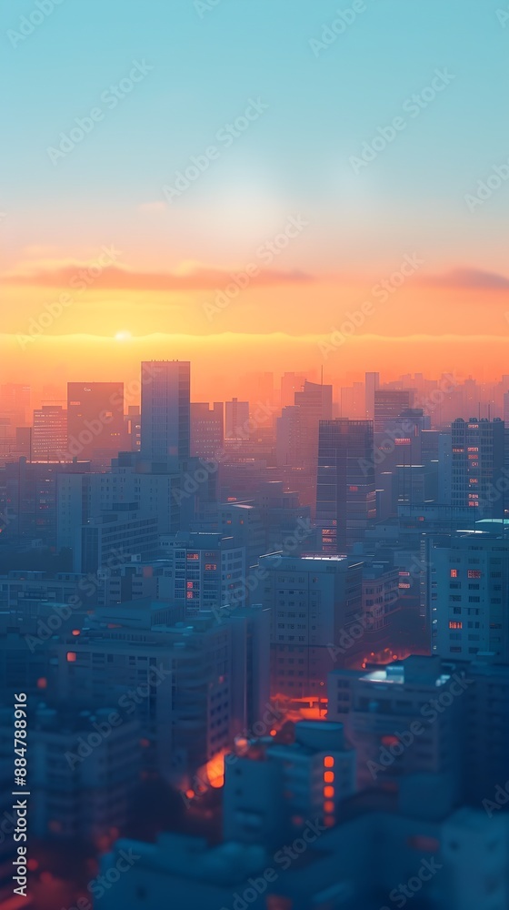 Fototapeta premium Majestic Cityscape at Sunrise A Minimalist Digital Artwork of Geometric Skyscrapers and Vibrant Color Palette