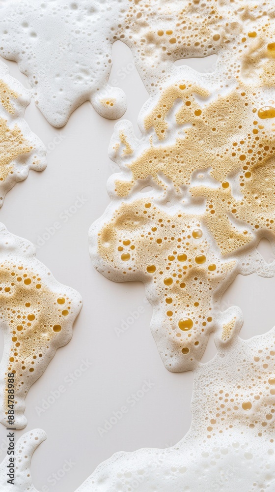 Beer foam world map for International Beer Day, artistic design in neutral tones on white background with text space, focus on object coverage. Beer foam world map for International Beer Day, artistic design in neutral tones on white background with text space, focus on object coverage.