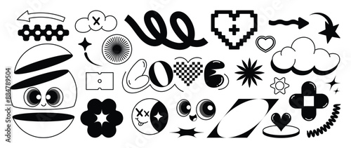 Set of y2k style elements vector. Hand drawn collection of pixel, fluffy, eye, heart, cloud, organic shape in black and white color. Design for print, cartoon, card, decoration, sticker.