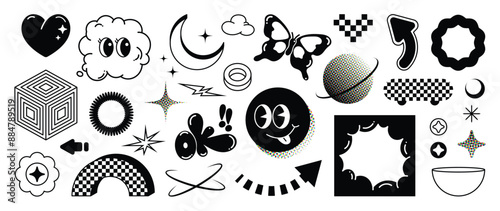 Set of y2k style elements vector. Hand drawn collection of pixel, fluffy, halftone, arrow, butterfly, organic shape in black and white color. Design for print, cartoon, card, decoration, sticker.