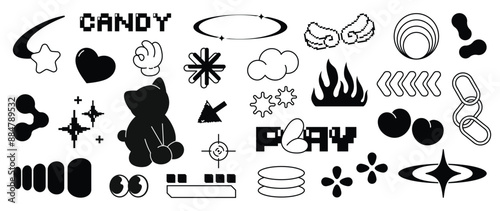 Set of y2k style elements vector. Hand drawn collection of pixel, fluffy, cat, heart, wing, fire, organic shape in black and white color. Design for print, cartoon, card, decoration, sticker.