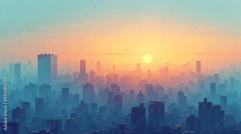Fototapeta premium Minimalist Digital Artwork of a Vibrant Cityscape at Sunrise with Geometric Shapes and Soothing Color Palette