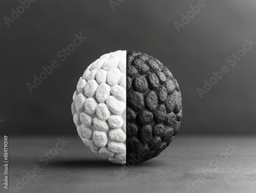 A black and white sphere divided in half, representing duality and contrast.