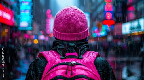 A lone figure in a pink beanie and backpack walks through a rainy city street, illuminated by vibrant neon signs.