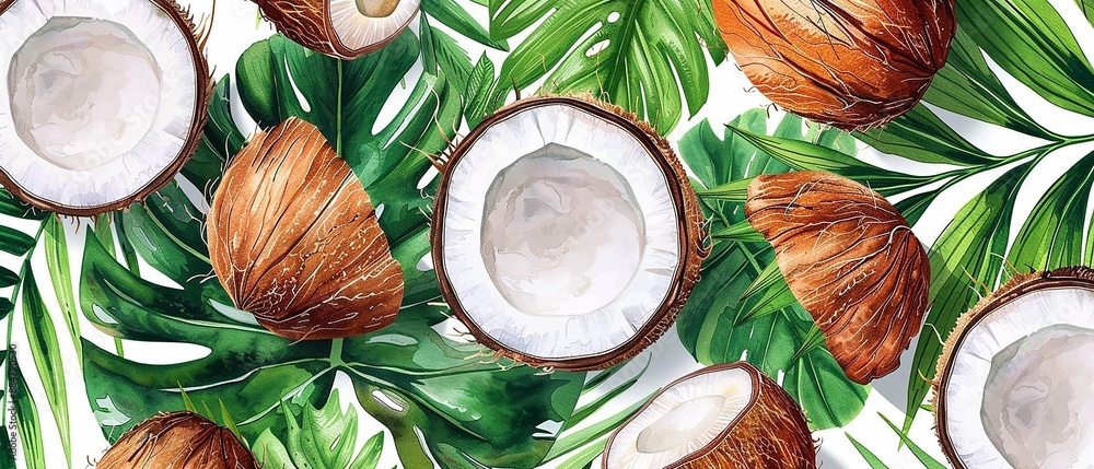 Watercolor painting of fresh coconuts, seamless pattern, brown shell, white interior, green leaves, detailed and tropical design Watercolor painting of fresh coconuts, seamless pattern, brown shell, white interior, green leaves, detailed and tropical design