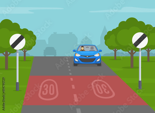 Safe driving tips and traffic regulation rules. Blue sedan car travels on a road with national speed limit. Front view. Flat vector illustration template.