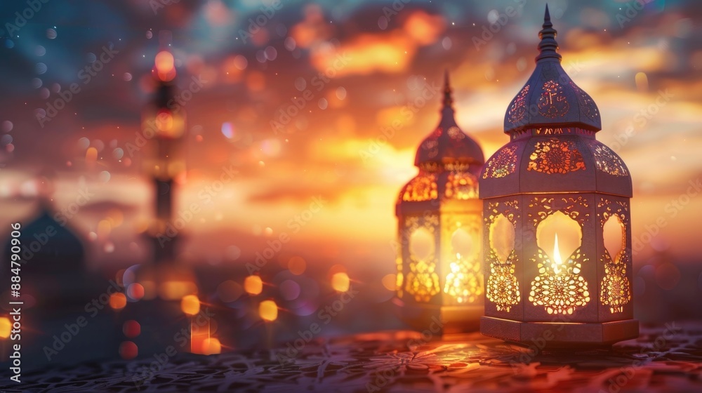 Fototapeta premium islamic ramadan background, eid al fitri, iftar, eid al adha, beautiful mosque and lantern background