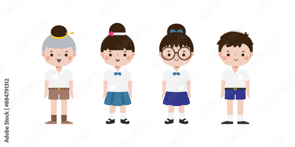 cute cartoon thai students character, back to school, vector Illustration flat style on white background cute cartoon thai students character, back to school, vector Illustration flat style on white background
