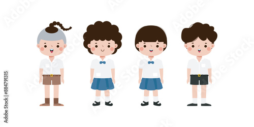cute cartoon thai students character, back to school, vector Illustration flat style on white background