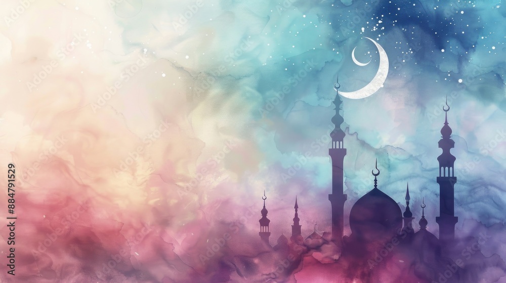 Obraz premium Ramadan in watercolor style with copy space