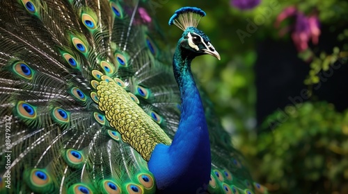 Close of peacock green (pavo muticus) . photo