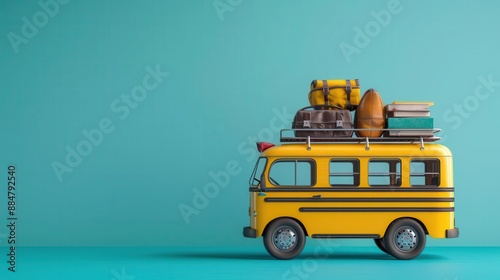 Funny yellow school bus with books and accessories on a turquoise blue background, isolated with copy space for schoolrelated themes photo