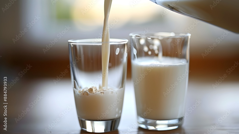 Milk Being Poured from Carton into Glass with Smooth and Beautiful Bright Background Milk Being Poured from Carton into Glass with Smooth and Beautiful Bright Background