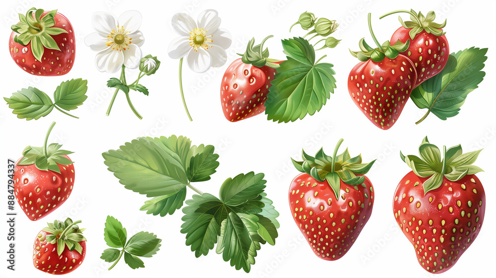 A botanical illustration of strawberries, including fruits, leaves, and flowers.
