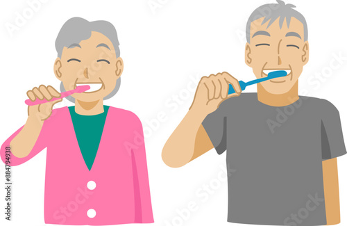 並んで歯磨きをするシニア夫婦のイラスト